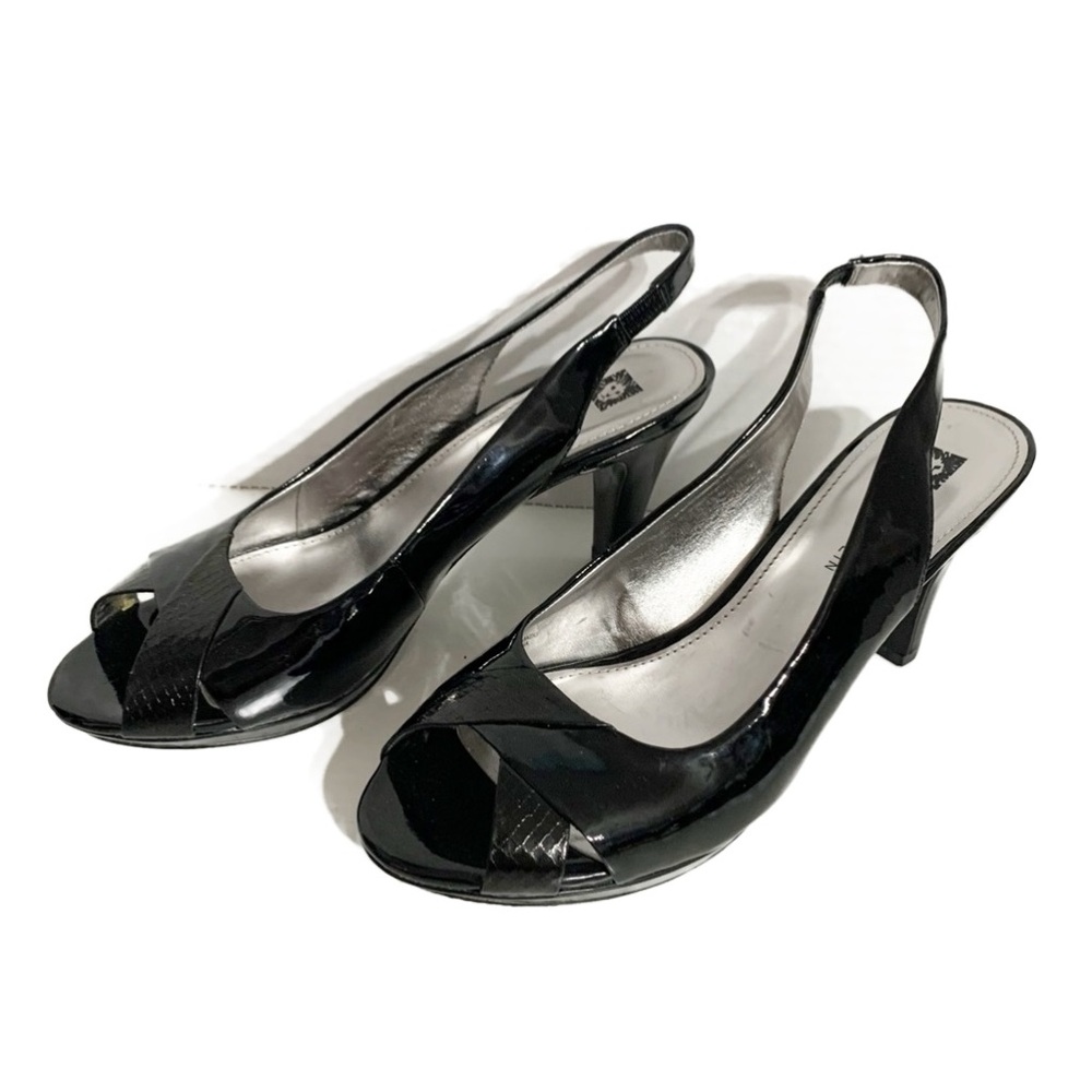 Anne Klein AK Piran Slingback Peep Toe Patent Faux Leather Heel Snakeskin Detail